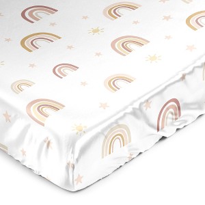 Sweet Jojo Designs Girl Satin Fitted Crib Sheet Boho Rainbow Blush Pink Yellow Gold Mauve Taupe Beige - 1 of 4