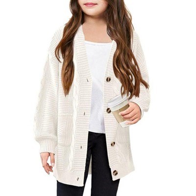 Girls Cable Knit Sweater Cardigan Front Button Cardigan with Side Pockets Above Knee Cardigan for Girls Winter Knitwear,White - M
