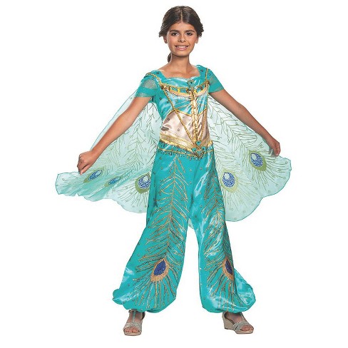 Party City Aladdin Jasmine Whole New World Costume for Children Size Small Features A Peacock Jumpsuit with A Cape