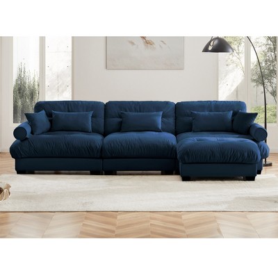 Aukfa Blue Velvet Large  Sofa with Bolster Armrests, Waist & Throw Pillows – Modern Couch for Living Room, Bedroom or Office