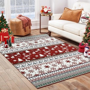 Christmas Washable Area Rug, Non Slip Low Pile Holiday Living Room Bedroom Carpet with Rubber Backing Accent Rug, Red - 1 of 4