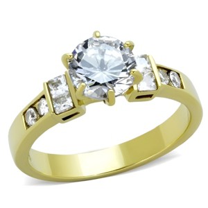 Slickblue Women’s Gold-Tone CZ Ring – Round Center Stone, Pave Band, Rectangular Side Stones, Size 5-10 - 1 of 4
