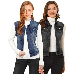 INSPIRE CHIC Women's Buttoned Washed Denim Vest with Faux Chest Flap Pockets 2 Packs - 1 of 4