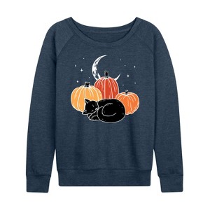 Women's - Instant Message - Black Cat Pumpkin Nap Lightweight French Terry Wide Neck Long Sleeve Graphic Shirt - 1 of 4