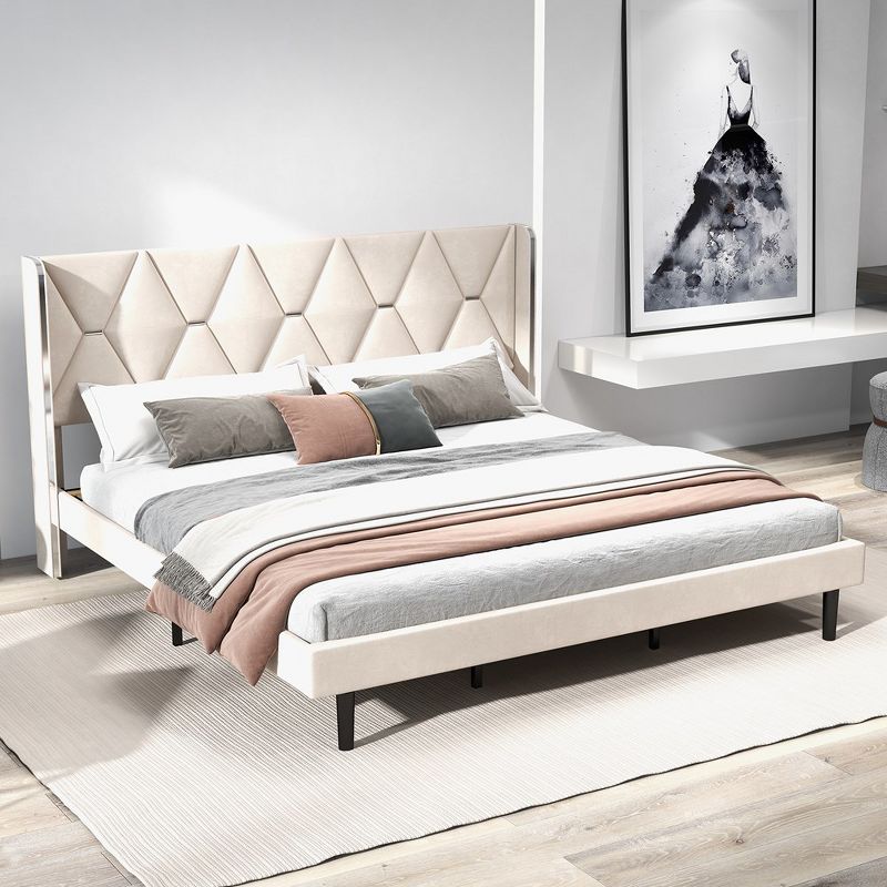 Trinity Queen Bed Frame - Upholstered Platform Bed with Solid Wooden Slats Support, No Box Spring Required, 1 of 6