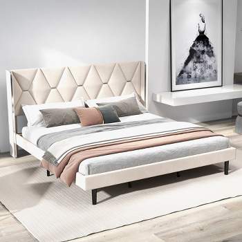 Trinity Queen Bed Frame - Upholstered Platform Bed with Solid Wooden Slats Support, No Box Spring Required