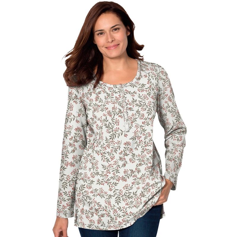 Woman Within Women's Plus Size Perfect Printed Long-Sleeve Henley Tee, 1 of 2