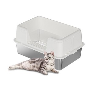 Cat Litter Box Stainless Steel, High Sides Cat Litter Box Metal Litter Tray, Anti-Splash Deepened Semi-Enclosed Large Cats Toilet - 1 of 4