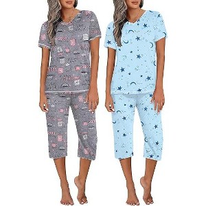 Ekouaer 2 Pack Women's Pajamas Short Sleeve Sleepwear Tops and Capri Pants Pjs - 1 of 4