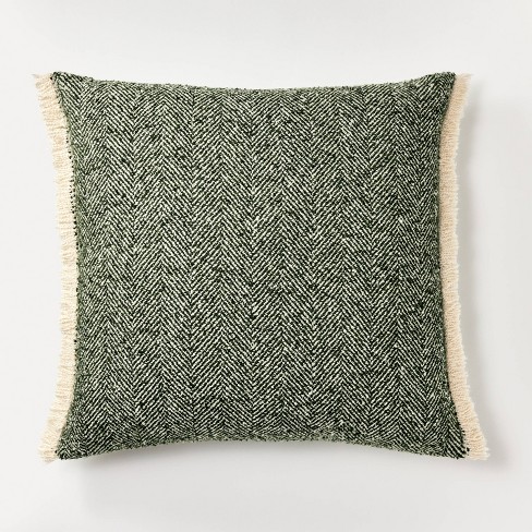 Oversized Herringbone with Frayed Edges Square Throw Pillow Green Cream Threshold designed with Studio McGee