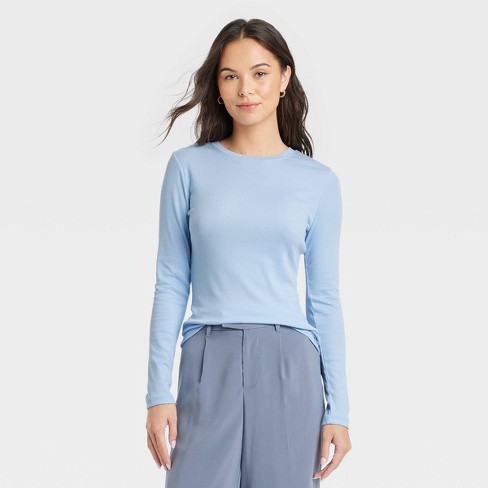 Women's Long Sleeve Ribbed T-shirt - A New Day™ Blue L : Target