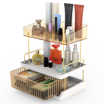 iMountek "3-Tier Makeup Organizer with Drawer, Large Capacity Skincare Shelf for Vanity, Bathroom Storage" Champagne