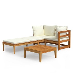 vidaXL Patio Lounge Set, 3 Piece, Solid Acacia Wood & Cream White Polyester Cushions - Includes Corner Sofa, Table & Sun Lounger - 1 of 4