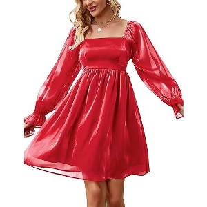 Womens Long Puff Sleeve Square Neck Long Puffy Dress Babydoll Mesh Minidress Wine Red 2XL - 1 of 4