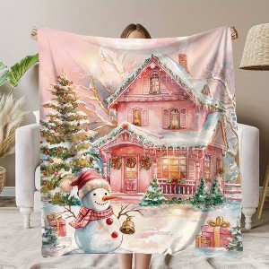 Lomsoe Pink Christmas Snowman & House Print Flannel Blanket - All Seasons Soft and Warm Throw Blanket for Bed, Napping, Camping, Travel, Office - 1 of 4