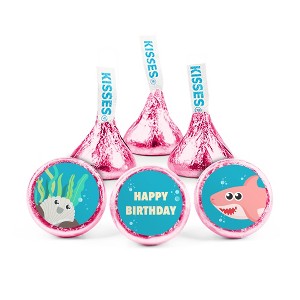 100ct Girl Shark Birthday Candy Party Favors Hershey's Kisses Milk Chocolate (100 Candies + 1 Sheet Stickers) - Assembly Required - by Just Candy - 1 of 1