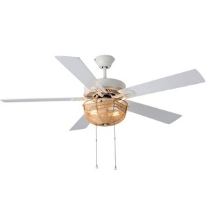 52" 5-Blade LED Rattan Lighted Ceiling Fan Tan: Reversible Motor, Pull Chain - River of Goods - 1 of 4