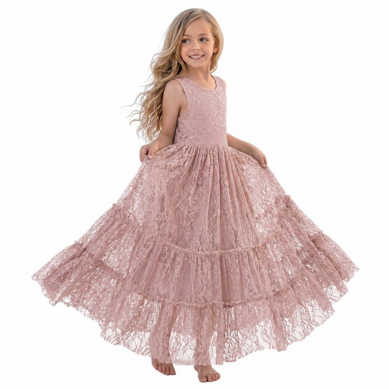2Bunnies Girls' 3T-10Y Rose Lace All-Over Lace Zip Back Boho Garden Rustic Flower Girl Dress Dusty Pink 3T