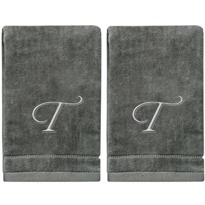 Creative Scents Gray Fingertip Monogrammed Towels Silver Embroidered