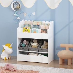 SeaCamel Kids Bookshelf with Storage Bins & Drawer - White Wooden Multi-Functional Organizer for Nursery/Toys/Books - 1 of 4