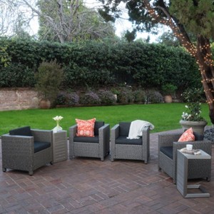 Christopher Knight Home Puerta Outdoor Wicker 4 Seater Club Chair Set with 2 C-Shaped Tables - 1 of 4