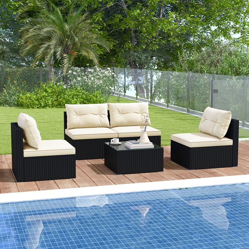 Costway 5 Pieces Outdoor Furniture Set with Seat & Back Cushions Tempered Glass Tabletop, 1 of 11
