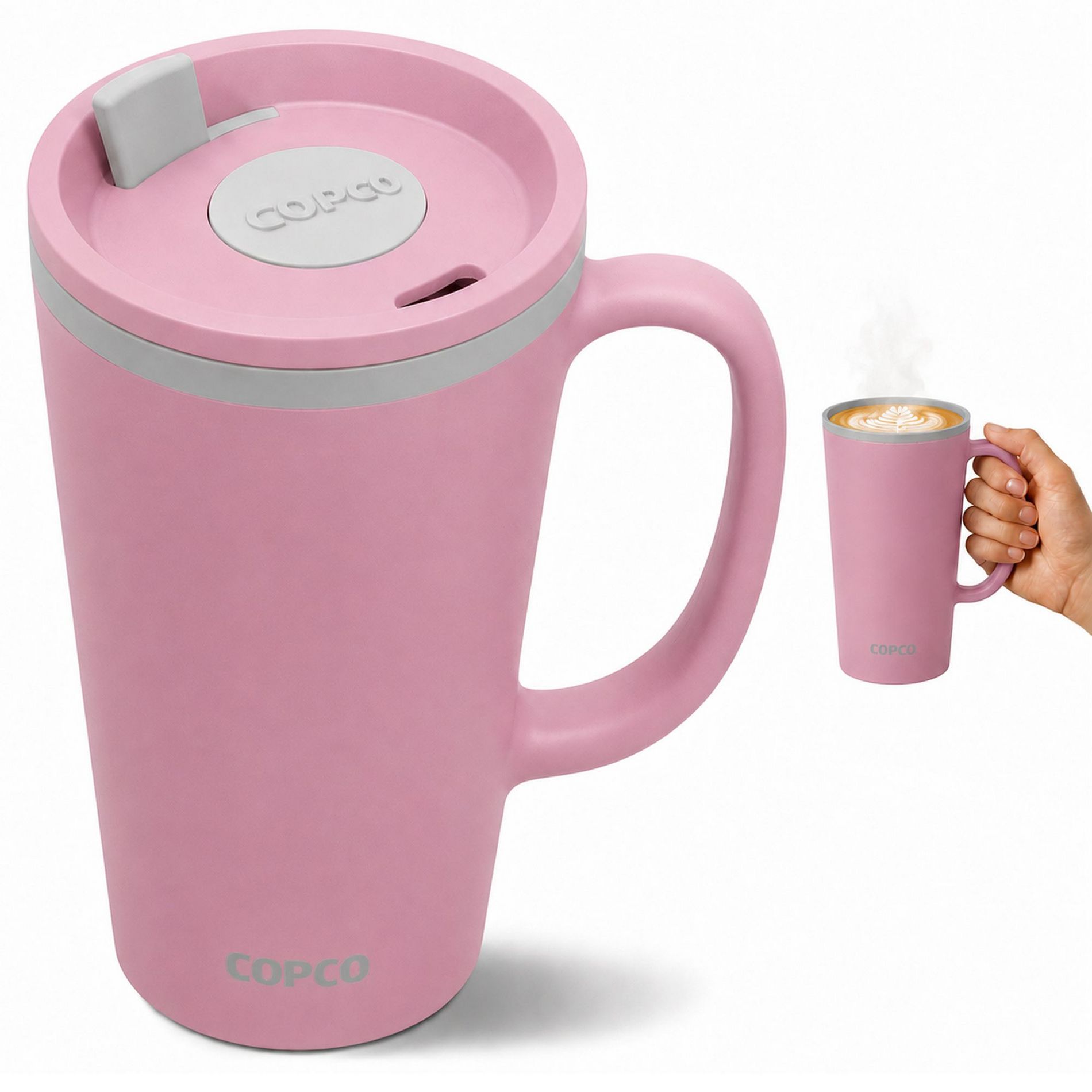 Copco Cone 16oz Insulated Travel Mug with Handle, Double Wall, Slide-Closure Lid, BPA-Free, Microwave & Dishwasher Safe (Pink)