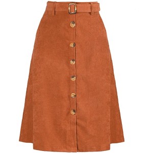 Allegra K Women's High Waist Solid Button Front A-Line Belted Corduroy Midi Skirt - 1 of 4
