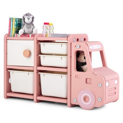 Costway Kids Toy Storage Organizer Toddler Playroom Furniture w/ Plastic Bins Cabinet Pink