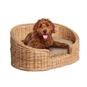 THE LICKER STORE Curvy Classic Handwoven Rattan Dog Bed with Machine-Washable Cushion - 1 of 4
