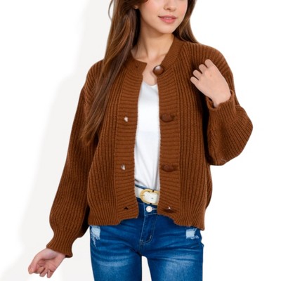 Anna-Kaci Women's Chunky Knit Sweater with Button Front and Ribbed Textured Design - Small, Brown