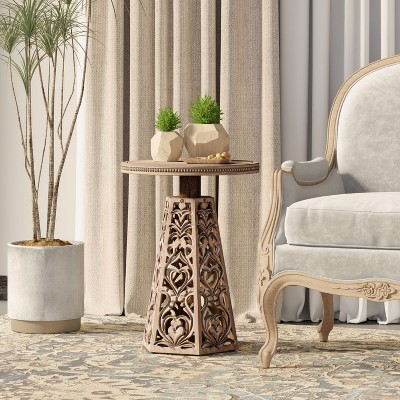 JIONJOY Carved Floral Accent Table - Rustic Round End Table with Distressed Wood Finish - Boho Farmhouse Side Table
