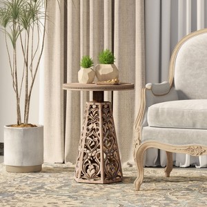 JIONJOY Carved Floral Accent Table - Rustic Round End Table with Distressed Wood Finish - Boho Farmhouse Side Table - 1 of 4