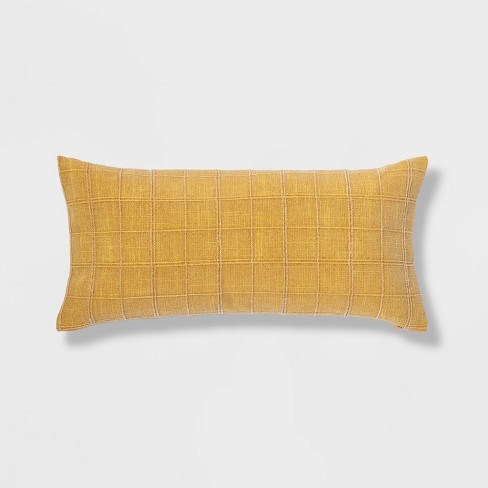 Mustard Yellow Grey White Striped Lumbar Pillows Linen Textured