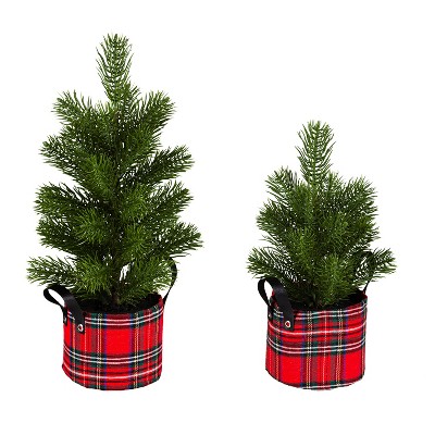 Evergreen 16" and 12" Pine Tree with Plaid Pot Table Decor, Set of 2