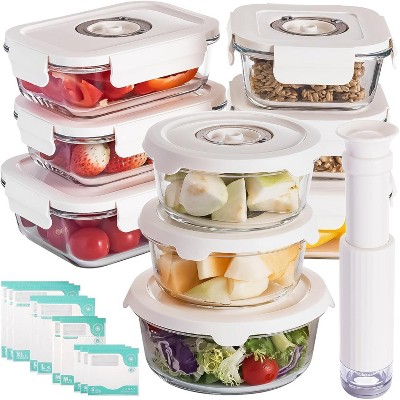 Glass Vacuum Sealable Container Set - 9 Pieces, 6 Sizes, Hand Pump, 10 Bags