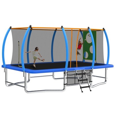 HFYee 8/10/12/14/10*16FT Backyard Trampoline Basketball Kit with Bonus Balls & Safety Enclosure for Ages 8+, Blue