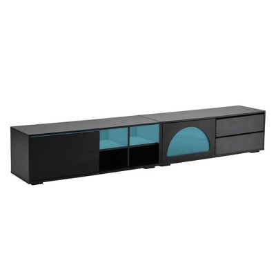 PDTEND Modern TV Stand with Fluted Glass Door for TVs Up to 100", Media Console with Sliding Door & 2 Drawers, Black