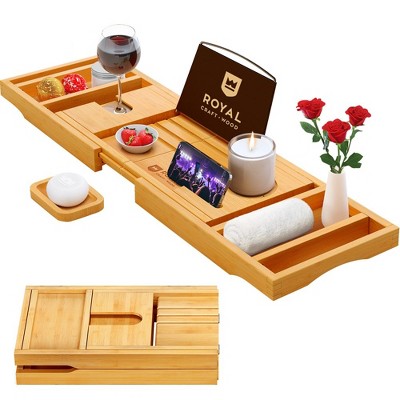 Natural Bamboo Foldable Bathtub Caddy Tray with Accessories