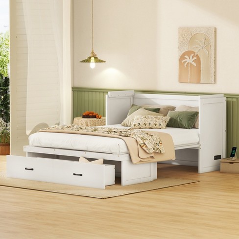 Queen Size Mobile Murphy Bed With Drawer And Little Shelves On Each Side,  White - Modernluxe : Target