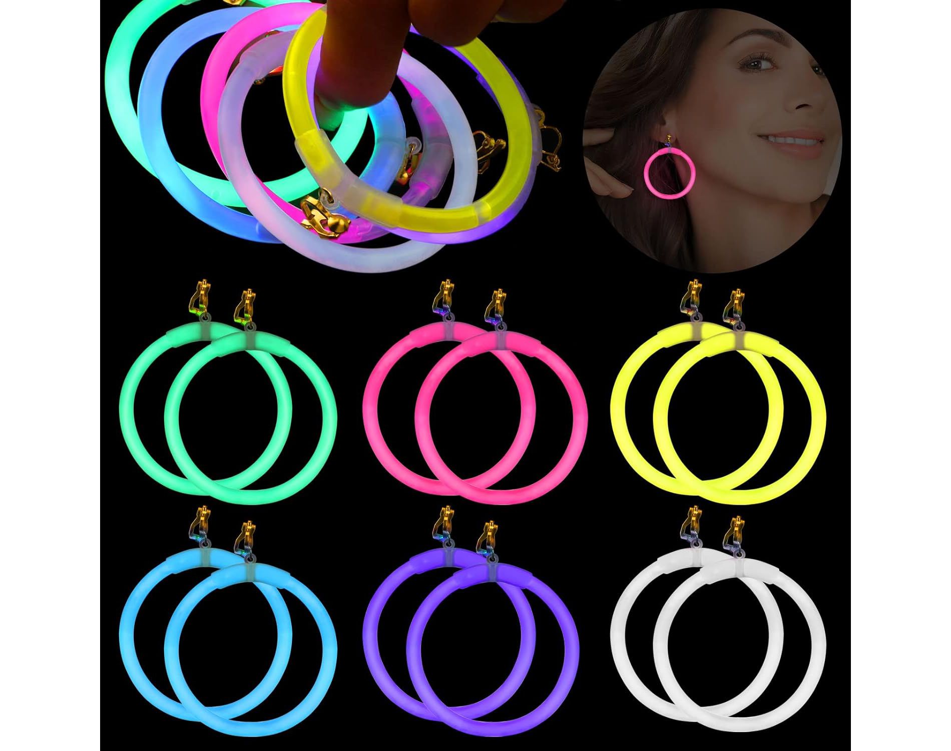 18-Pair Glow in the Dark Hoop Earrings | Neon Party & Halloween Supplies