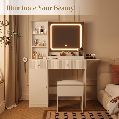 Vanity Desk with Mirror LED Lights, Tri-Light Adjustable Brightness, Power Outlet , Modular Design with Drawers and Storage Shelves