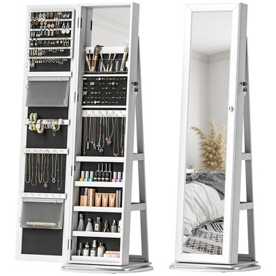 HOMCOM Jewelry Cabinet, 360° Swivel Jewelry Armoire with Full-Length Mirror, Storage Shelves, Interior Small Mirror, for Bedroom Living Room, White