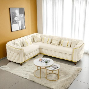 110.5" Luxury Italian Velvet L-Shaped Chesterfield Sofa with Gold Stainless Steel Accents, Tufted Sectional Couch with 7 Pillows for Living Room - 1 of 4