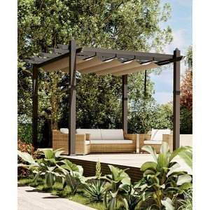 Retractable Aluminum Pergola – 10x10/10x13 Ft Wood-Grain Design, Adjustable Sunshade & Rust-Proof Frame for Patio/Backyard/Garden - 1 of 4