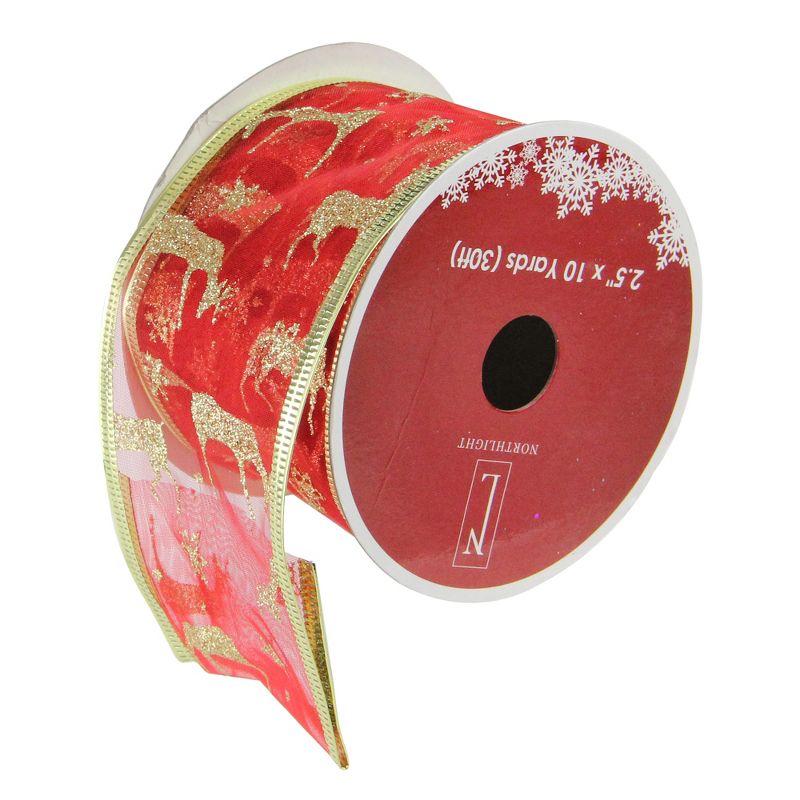 Northlight Red and Gold Glittering Reindeer Wired Christmas Craft Ribbon 2.5" x 10 Yards, 1 of 4