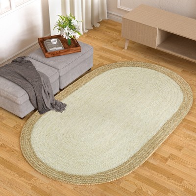 Maxax Jute Hand Braided Zigzag Stitch Natural Fibers Farmhouse Style Area Rug For Dining Room Living Room Kitchen, Off White/Natural