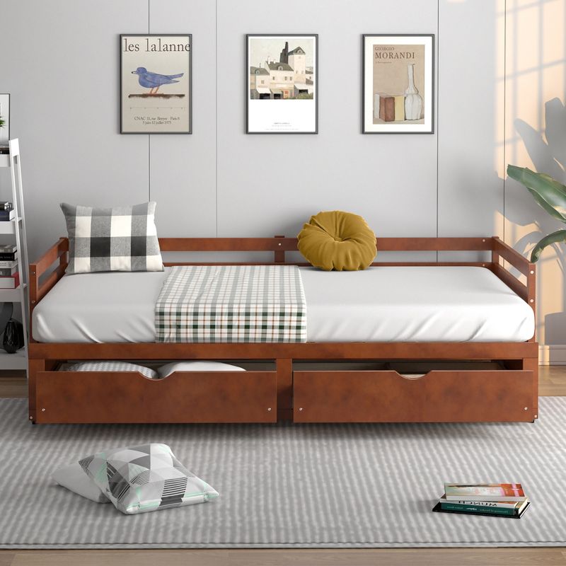 Costway Twin to King Daybed with  2 Drawers Wooden Sofa Bed for Bedroom Living Room White/Cherry, 3 of 10