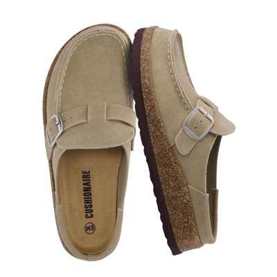 CUSHIONAIRE Women's Hobby Genuine Leather Cork Footbed Clog with Comfort, Arch Support, Buckle Strap, Slip-On Mules