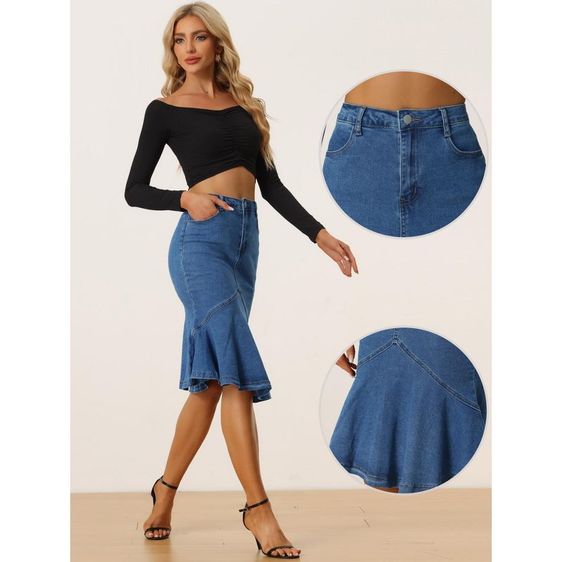 Allegra K Women's High Waist Bodycon Ruffles Side Pockets Fishtail Midi Jean Skirt, 2 of 6